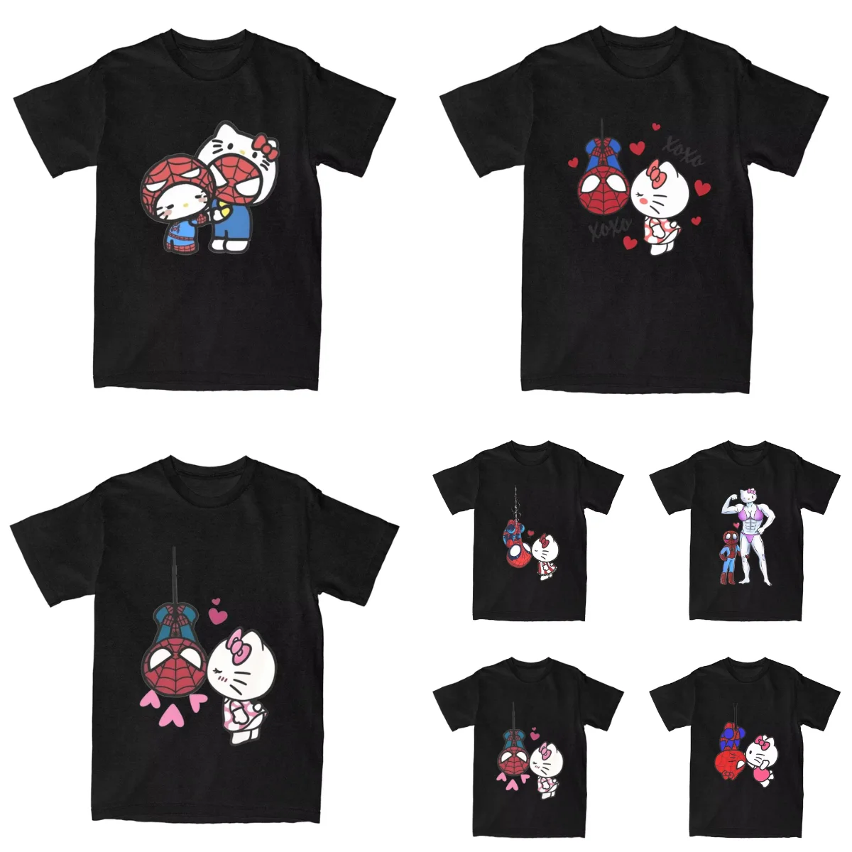 Oversized T-Shirt Hello Kitty X Spiderman Cute Couple Pure Cotton T-Shirt Popular Tshirt for Man Summer Awesome Short Sleeve Top