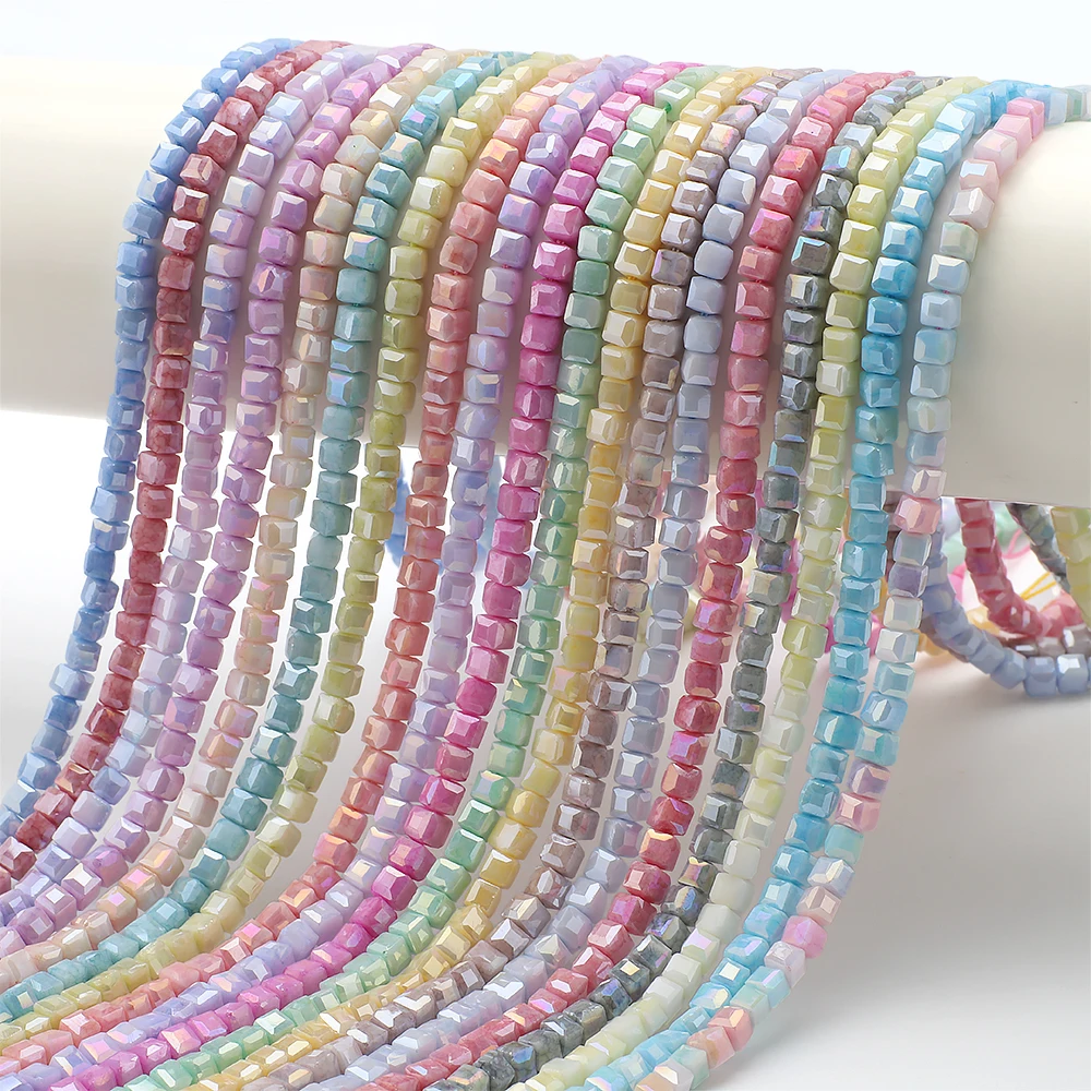 75Pcs/Lot 4mm Water Stained Porcelain Faceted Crystal Glass Beads Macaron Color Square Spacer Beads For DIY Making Phone Chains