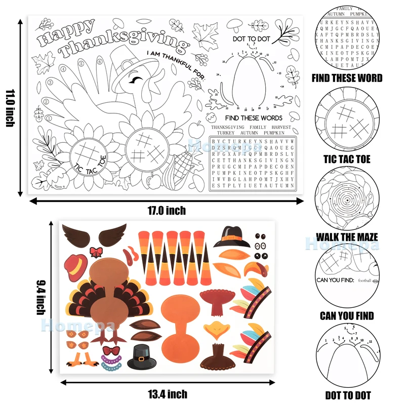 16Pcs Thanksgiving Party Coloring Placemats Turkey Sticker DIY Paper Table Mats Fall Dinner Placemats Kitchenware for Gathering