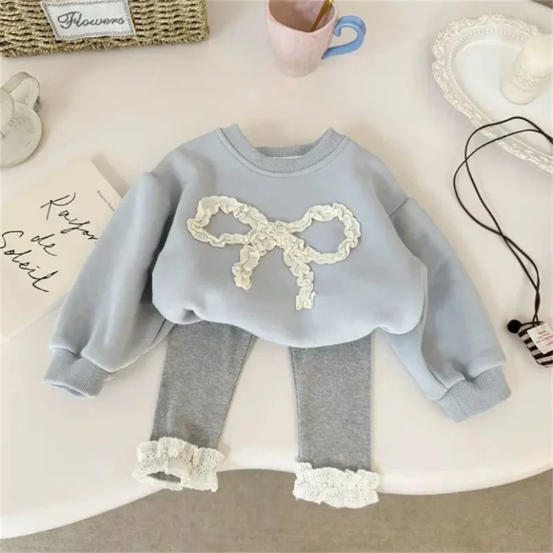 สาวเสื้อชุดฤดูใบไม้ร่วงฤดูใบไม้ผลิเด็กใหม่สวมใส่เด็กสไตล์ต่างประเทศชุดหวานโบว์เสื้อยืด + กางเกง 2 ชิ้นชุดที่เรียบง่าย