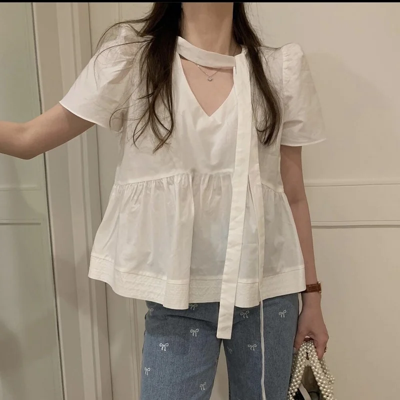 

Sweet V-neck Belted Short Sleeve Shirt Women's Loose Style Korean Japanese Version Doll Shirt Spring Autumn New Arrival