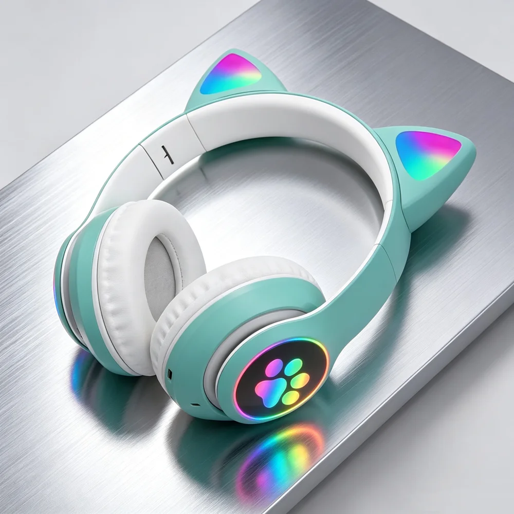Cat Ear Bluetooth Headset Led - Niedliches Katzenohren-Bluetooth-Headset mit LED, kabelloses Headset