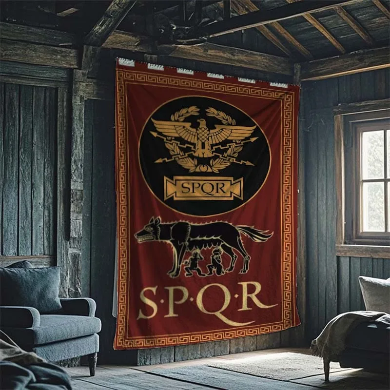 Red and Gold Roman Eagle Emblem with Wolf Print Tapestry, Bold Wall Art, Dormitory Decoration