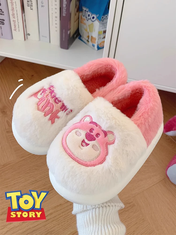 Cute Toy Story Strawberry Bear ladies indoor warm Non-slip cotton slippers winter plush all-inclusive heel