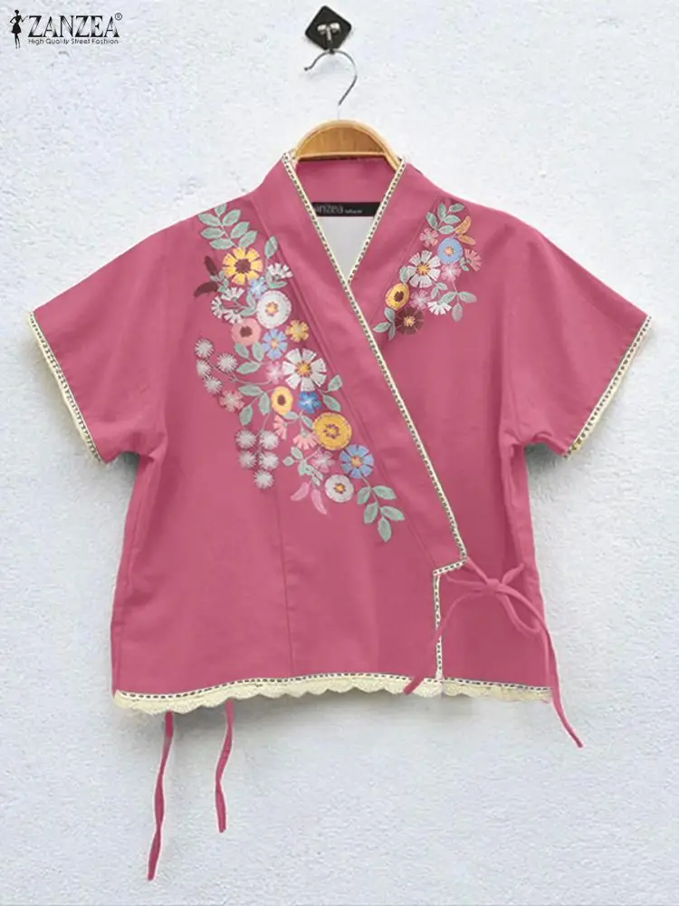 ZANZEA Casual Floral Print Lace Trim Women Blouses 2025 Summer Wrapped V-Neck Short Sleeve Lace-Up Front Blouse for Woman S-3XL