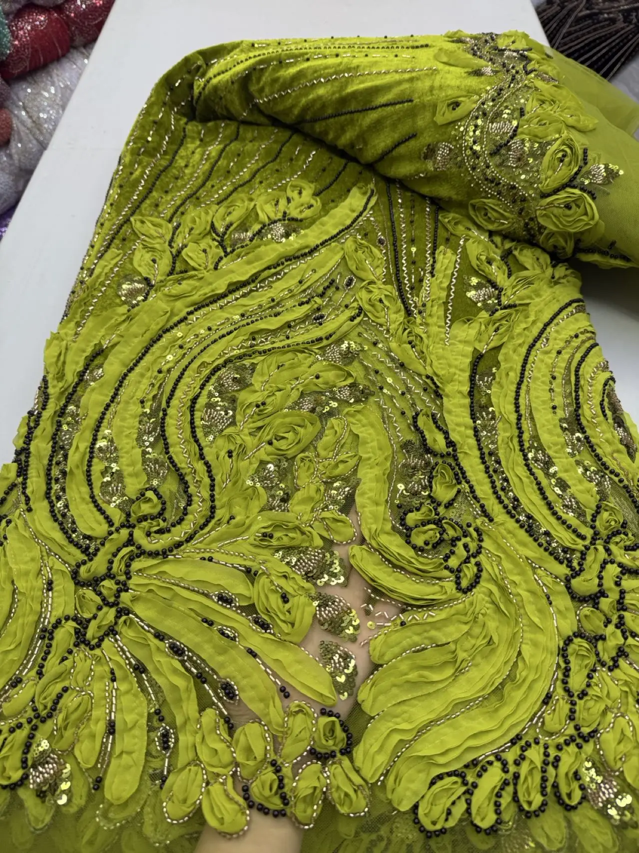 Top Grade High Quality African Nigeria Sequins Tulle Lace Fabric Embroidery Wedding Party Guipure Dress Beads Stone JY552
