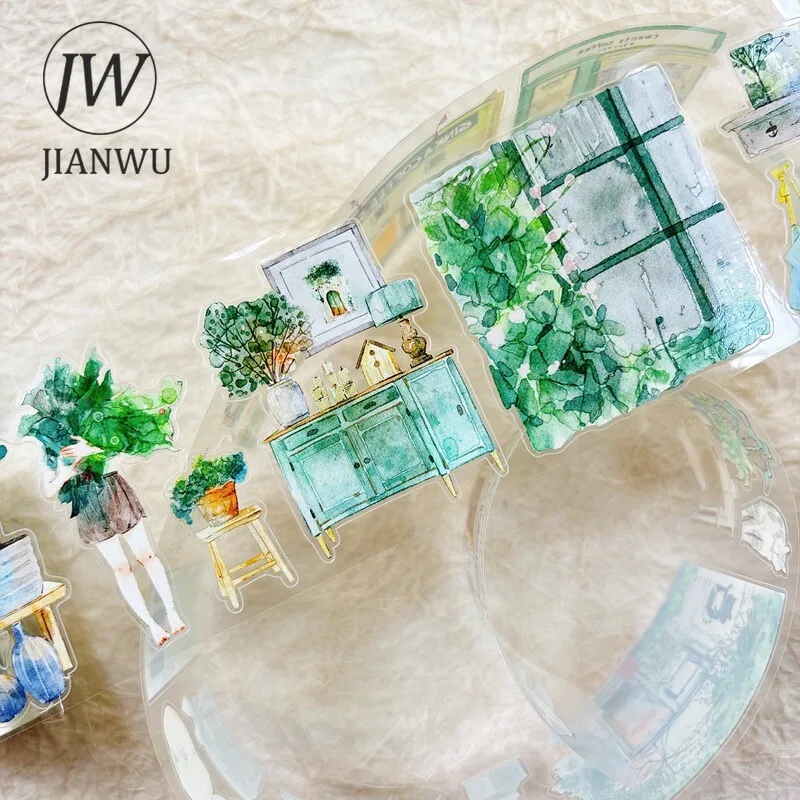 JIANWU Vintage Green Life Plant Window Character Landscape Material Collage Scrapbooking PET Tape Creative Journal Stationery