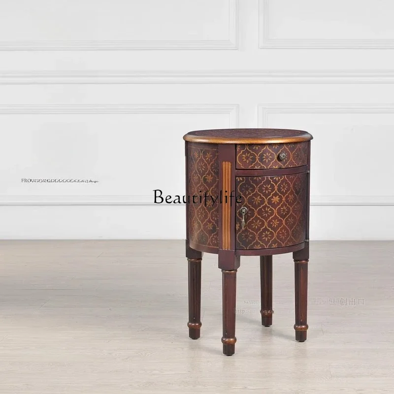 

01 American retro classic hand-painted pattern burgundy tea table bedside table