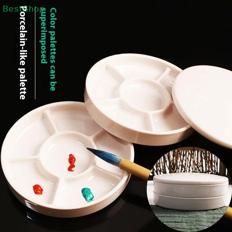 ♥♥♥Round Plastic Paint Palette With Lid,Faux Porcelain White Acrylic Watercolor Paint Art Palette