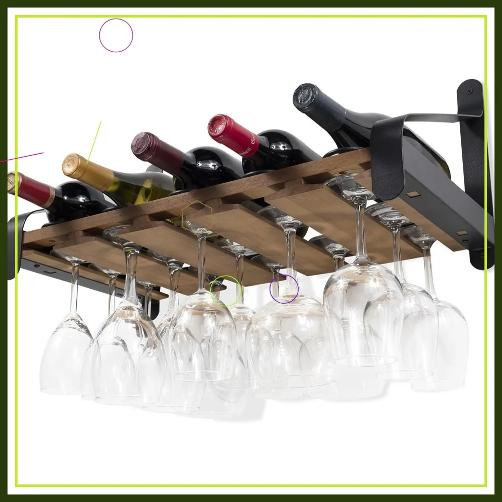 Casier à vin mural en bois rustique avec support en verre pour 5 bouteilles et 15 verres - Décor de bar de cuisine