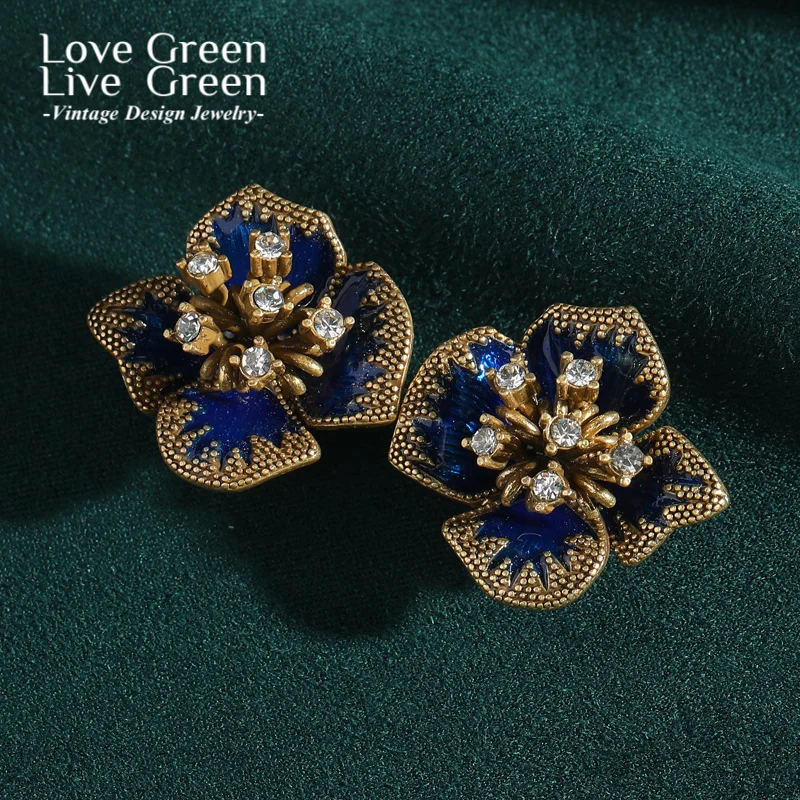 

Vintage Blue Flower Earrings Metal Antique Gold Color Quality Luxury Designer Gifts Rhinestones Fashion Jewelry For Women 2025