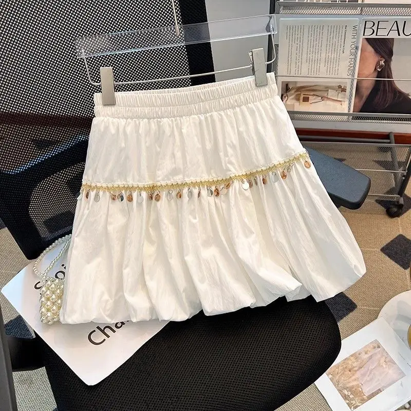 

Boho Vacation Style Sequin Mini Skirt Women Summer High Waisted A-line Pleated Bud Skirts Sweet Solid Versatile Faldas