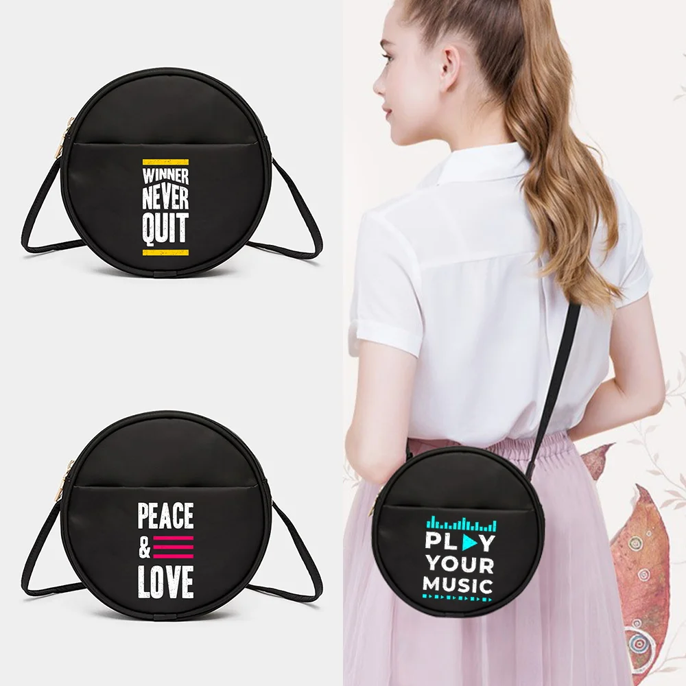 Phrase Series Pattern Womens' Messenger Bag Black Round Messenger Shoulder Crossbody Bag Top-Handle Bags Makeup Satchels Bags