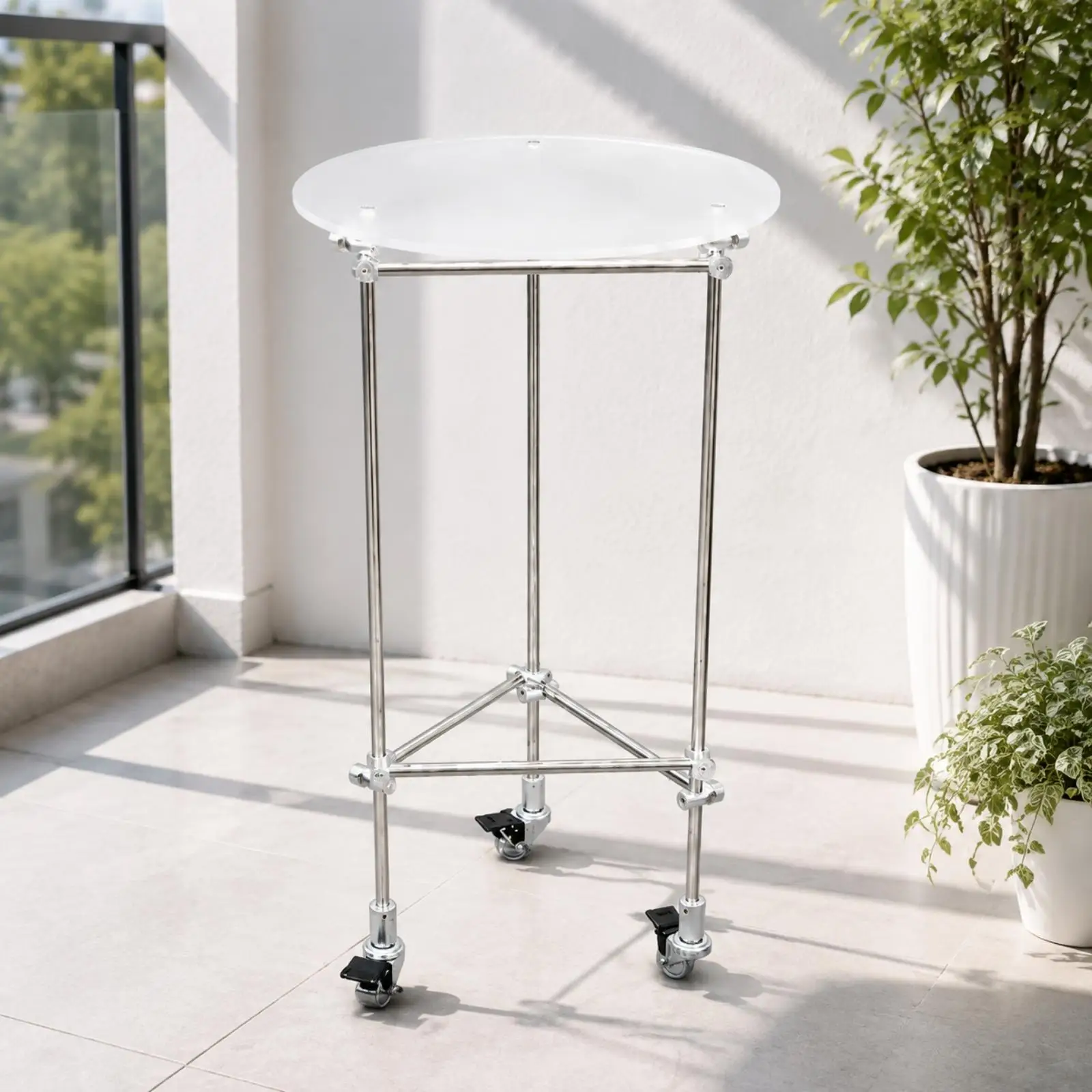 Round Frosted Acrylic Side Table with Brake Swivel Wheels Rolling Plant Stand for Home Office Compact Apartments