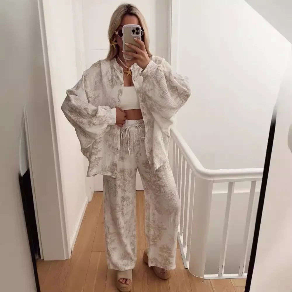 

Новый женский комплект из 2 предметов: модный, элегантный, повседневный, в европейском и американском стиле, с длинными рукавами, брюки с высокой талией и прямым кроем, 2026