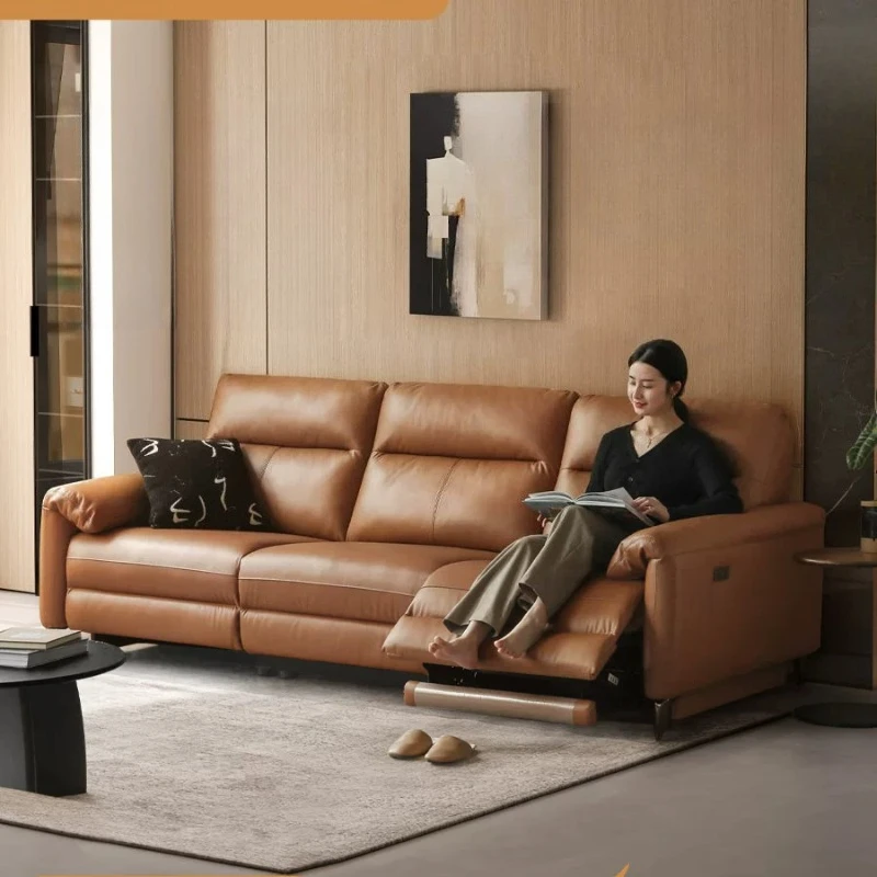 Electric sofa against the wall, living room Italian light luxury leather sofa, household three-person functional sofa