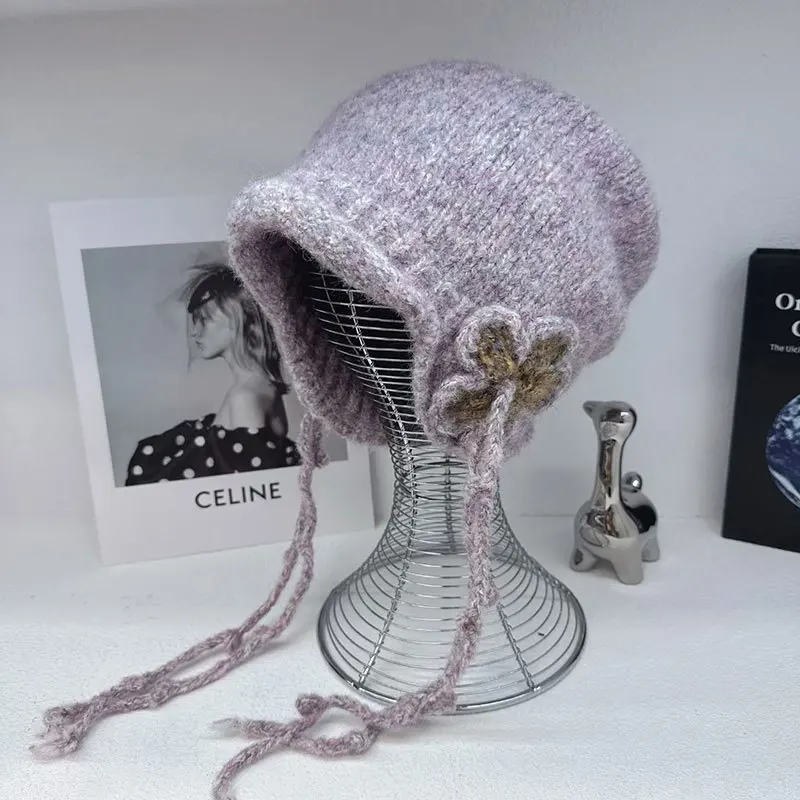Vintage Floral Tassel Knit Slouchy Beanie Hat Women Autumn Winter Warm Cuffed Drawstring Knitted Skullcap Ladies Wrap Headwear