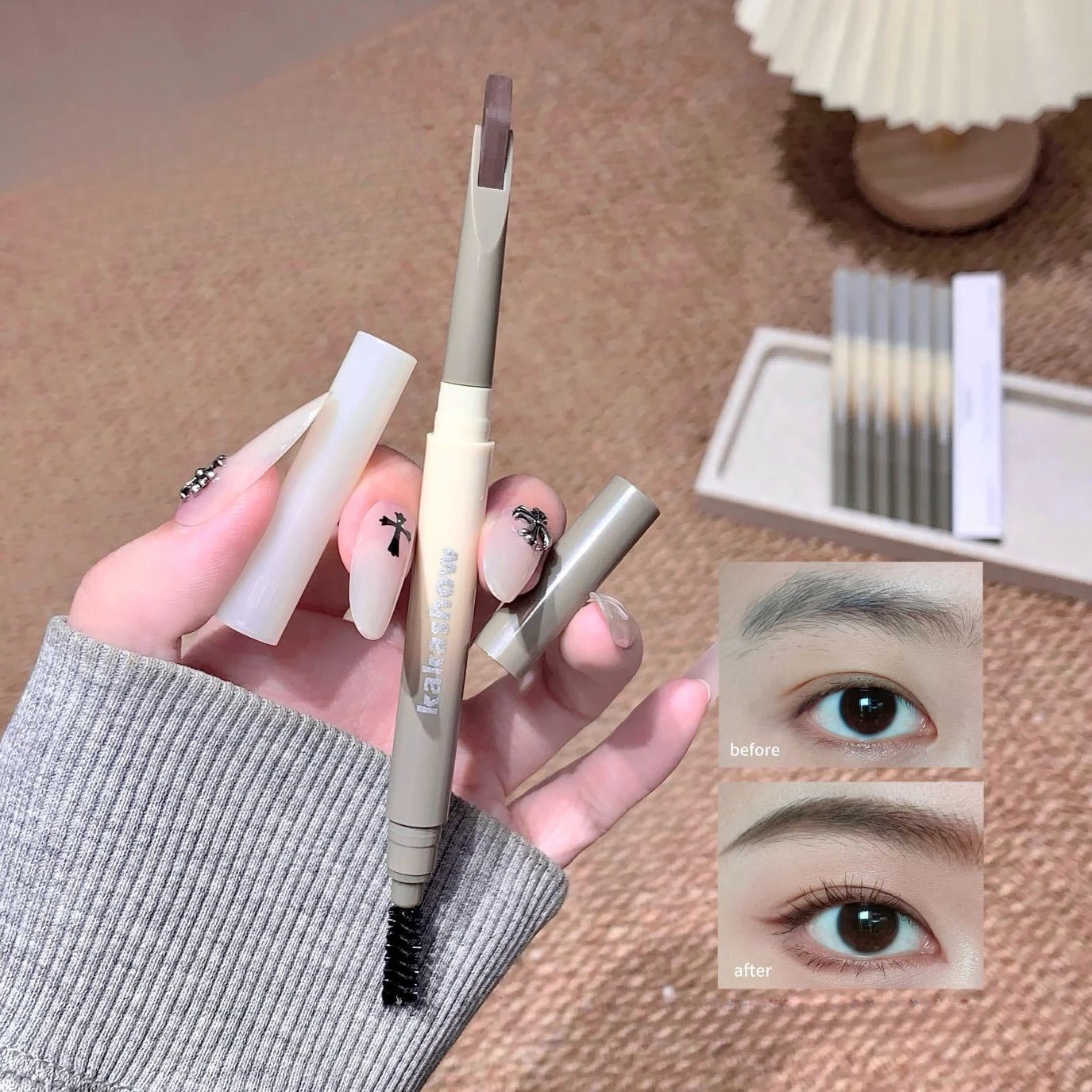 1本入りコーヒーカラー眉ペンシル、ブラシ付き、長持ち防水、黒/グレー、眉タトゥーペン、メイクアップ、眉ティント、簡単に色付け可能