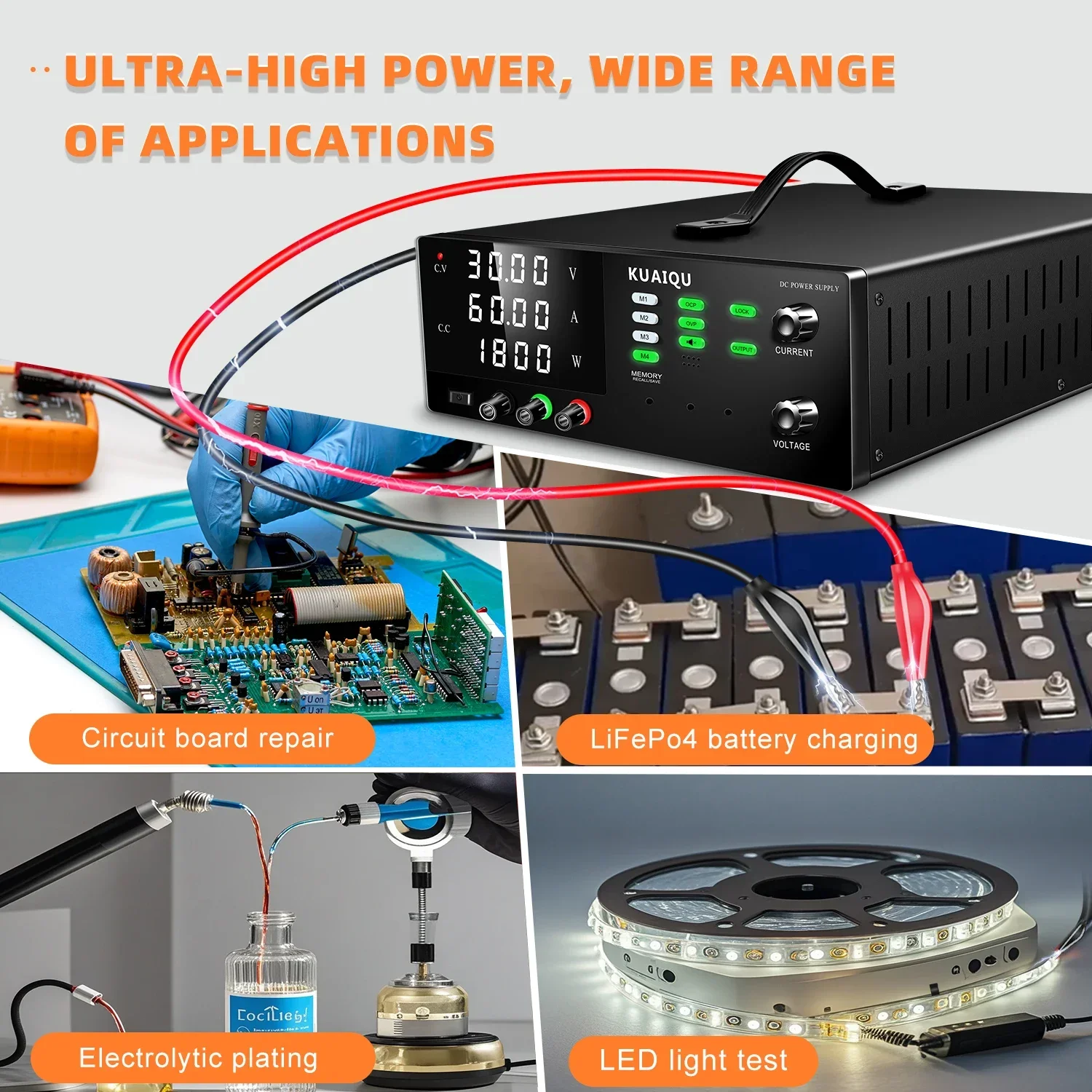 

Производитель KUAIQU R-SPS6030S 1800W Лабораторный источник постоянного тока высокой мощности 0-60В/30А с 4-разрядным дисплеем, OCP/OVP, 4 группами памяти, USB/RS232, кодирование