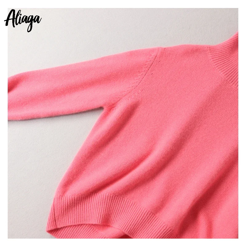 Aliaga Brand Fashion Winter Warm Women Sweater 100% Cashmere Sweater Turtleneck Knit Ladies Hot Pink Thick Oversized Pullovers