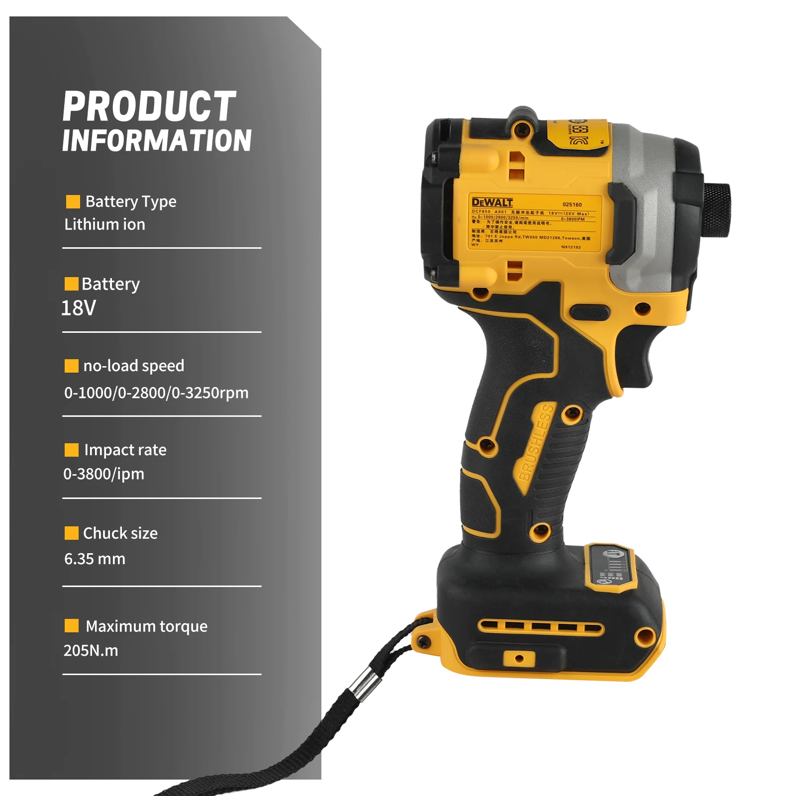 DEWALT DCF850 Cordless Impact Driver 20V 205Nm 3250RPM 1/4 Inch Hex Driver for Construction Screw Fastening