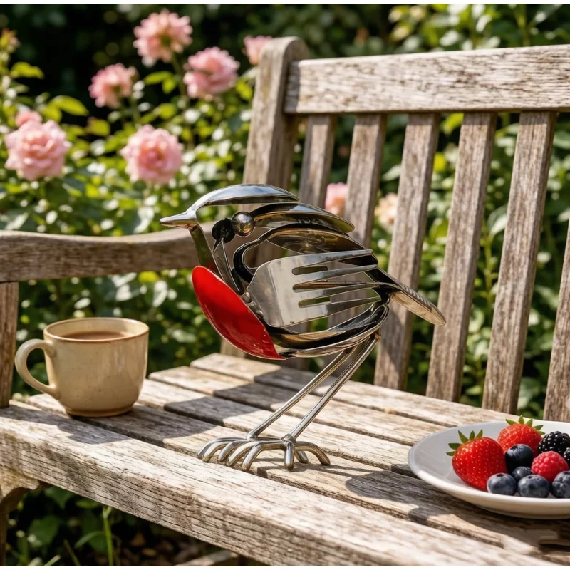 Robin Metal Art Sculpture Upcycled Fork Spoon Bird Figurine Creative Rustic Home Decor Ornament For Patio & Tabletop
