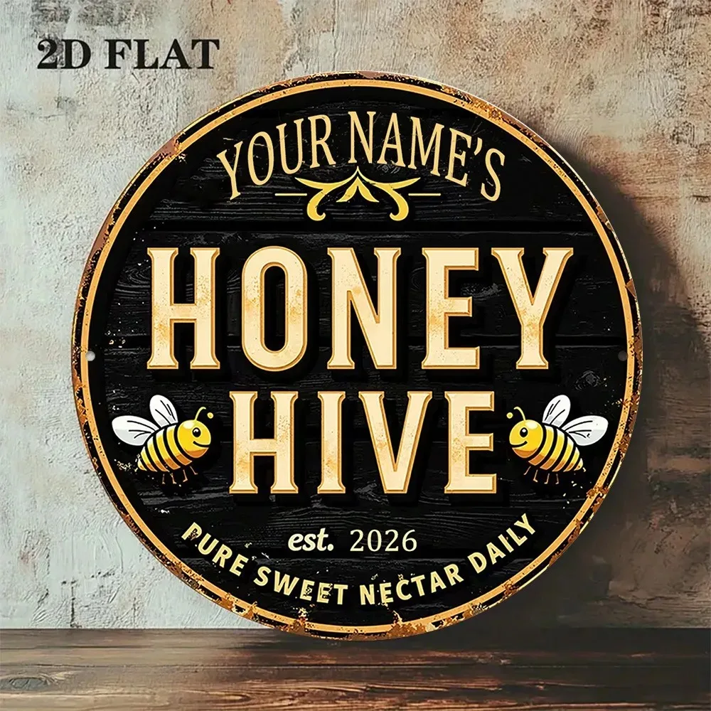 CIFbuy Round Honey Hive Metal Plaque,Personalized Custom Name Cute Bee Vintage Beekeeping Farm Wall Ornament (Only For Decoratio