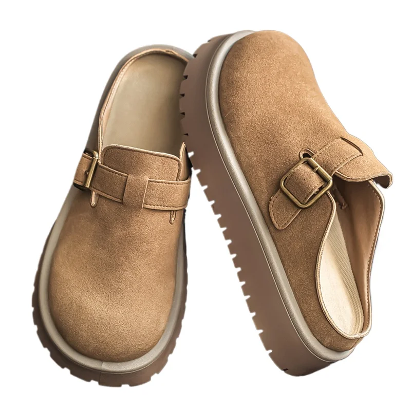 Men Suede Clog Mule Slippers Buckle Strap Slip‑on Backless Shoes Platform Thick Sole Casual Outdoor Beach Walking Flat Footwear