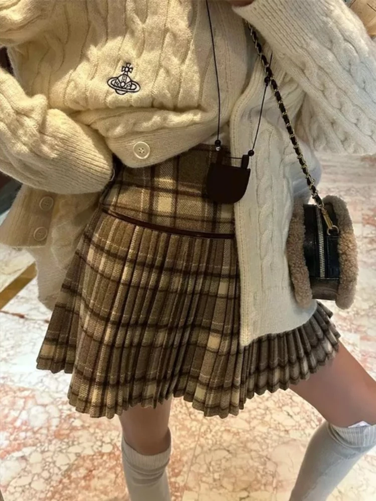 Fall Winter Women Japanese Fashion Shoujo 2000s Aesthetic Old Money Mini Pleated Woolen Plaid Skirt Gyaru Coquette Preppy Y2k JK