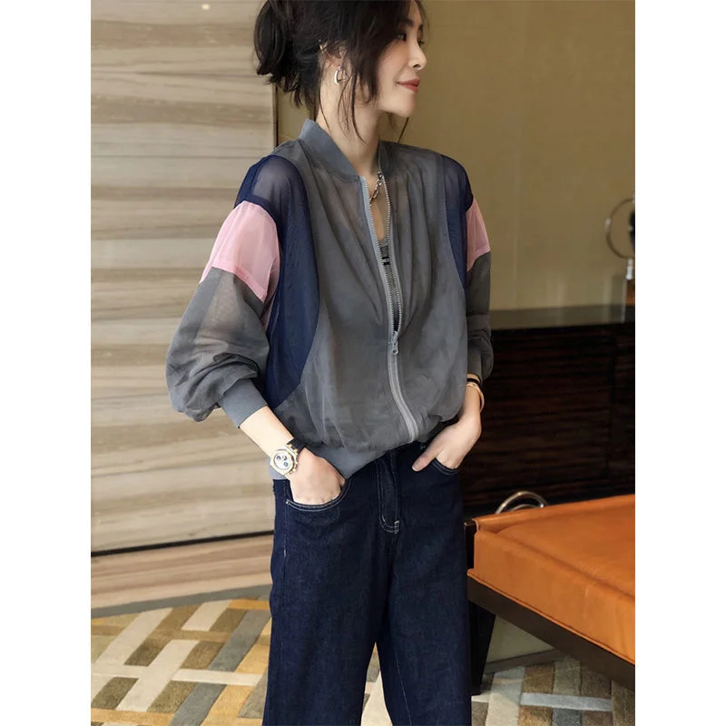 2024 Summer Double-layer Mesh Sunscreen Clothing Women Thin Loose Breathable Outdoor Fashion Baseball Jacket Coat European Goods