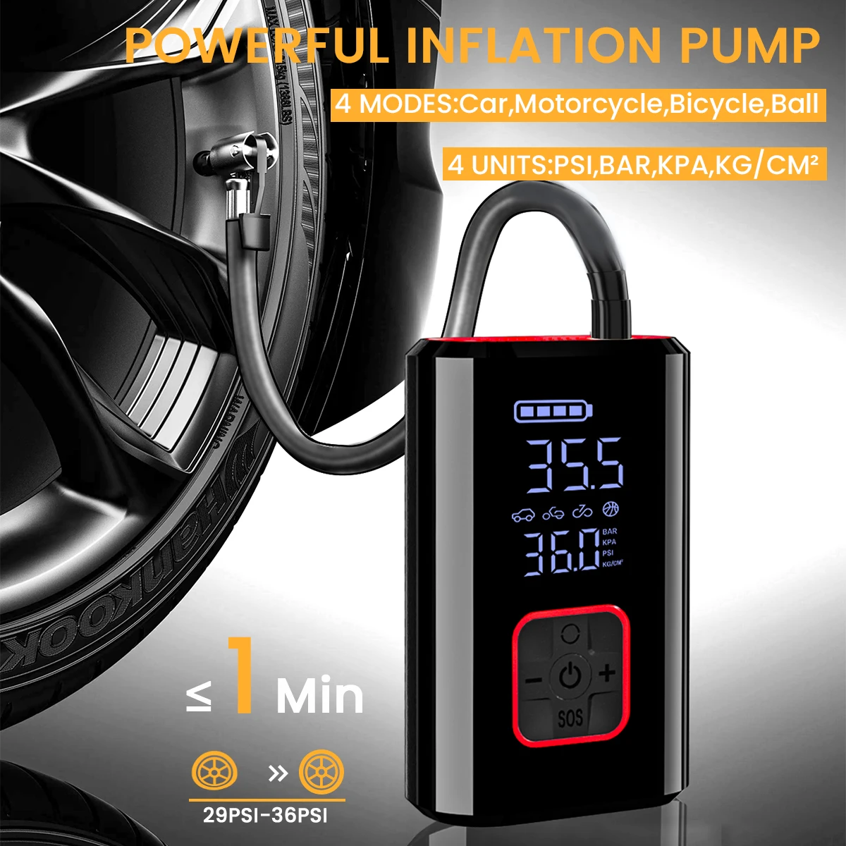 The 150PSI Inflatable Pump is Equipped with a Type-C/USB Rechargeable Battery with Built-in LED Lights