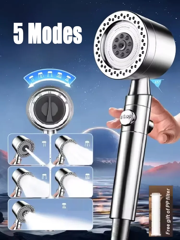 Verbesserter Hochdruck-Duschkopf mit 5 Modi, 9-in-1, wassersparend, großer Durchfluss, tragbarer Filter-Duschkopf-Set, Badezimmer-Zubehör