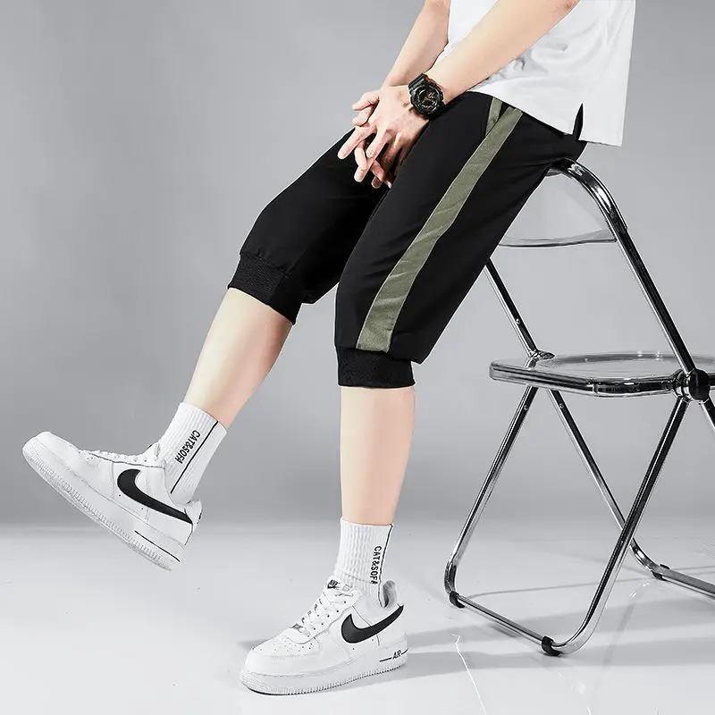 

Летние брюки для мужчин, шорты с 7 точками, повседневные свободные универсальные мужские эластичные спортивные укороченные брюки с завязками ног