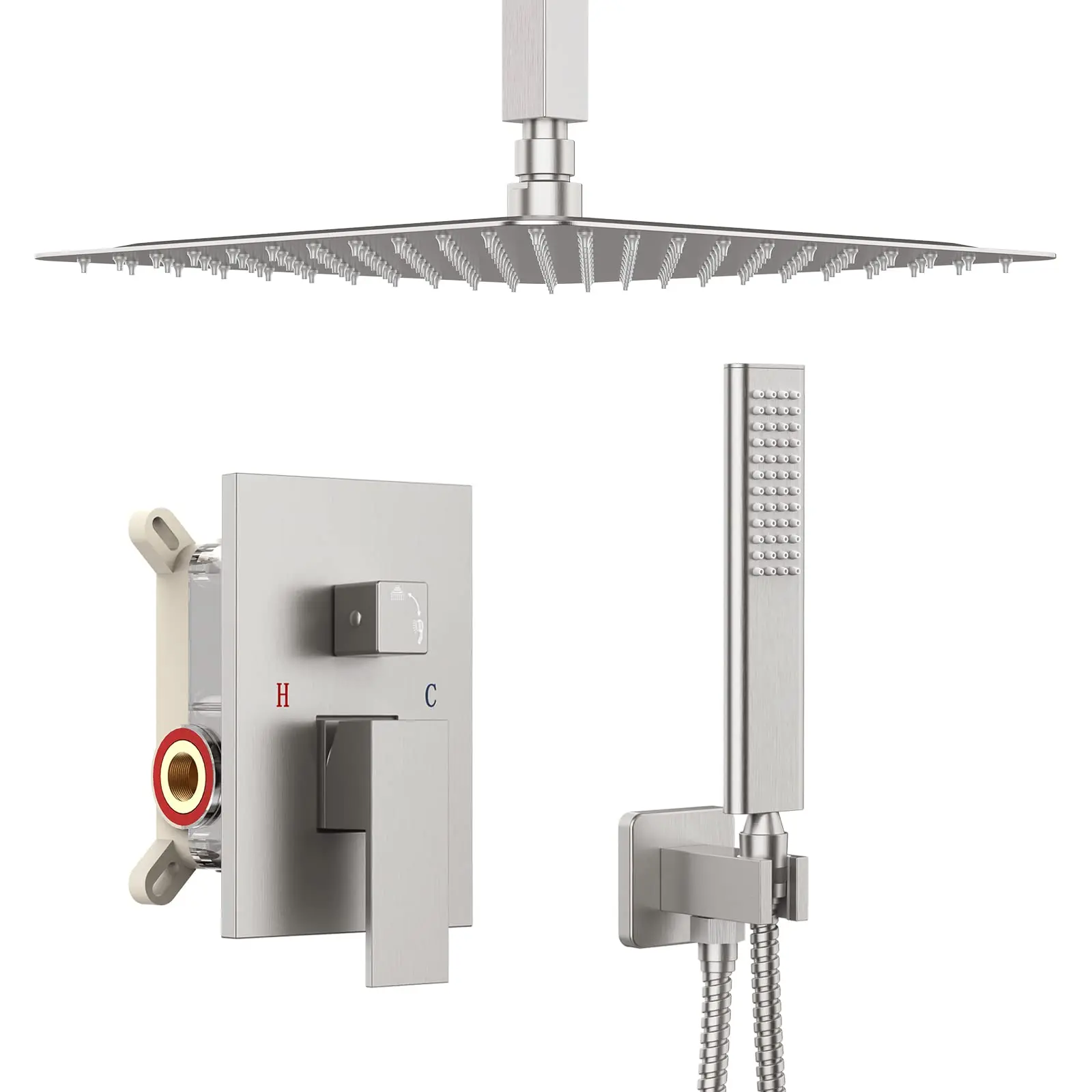 

16 Inch Square Rain Shower System With Handheld Shower Head Brushed Nickel Pressure Balance Valve