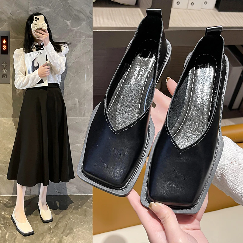 2023 Flat Shoes Women Square Toe Single Shoes Simple Temperament Leather Shoes Spring  round toe heels platform shoes