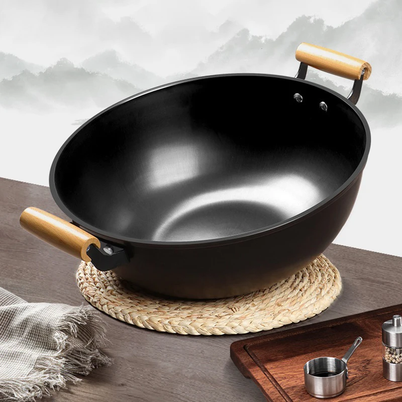 Cast Iron Pan with Double Ears and Wooden Handle for Home Use Uncoated Old Style Thickened Multi-purpose Pig Iron Pancake Pan