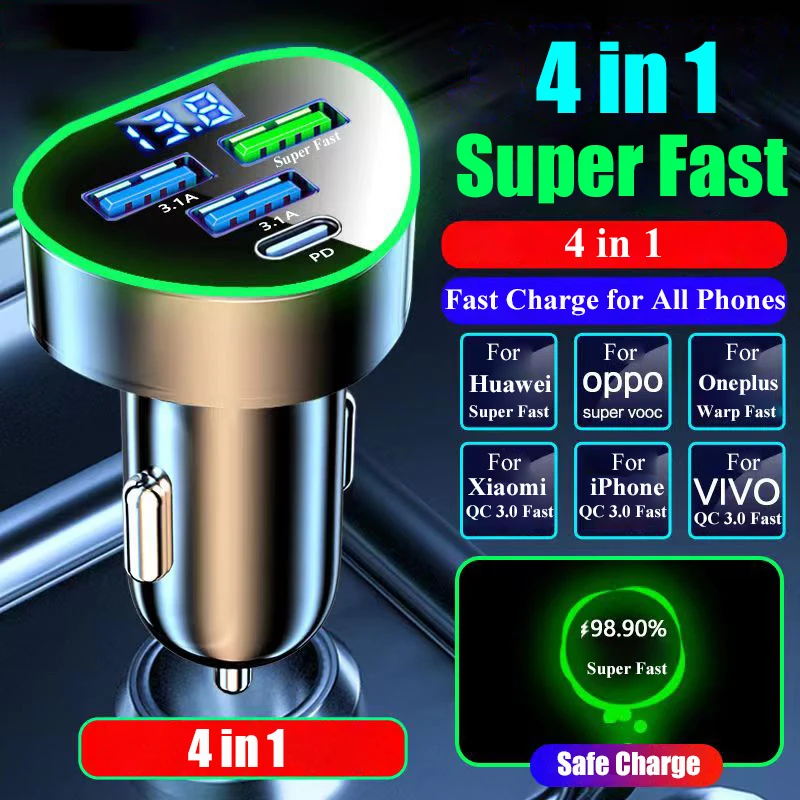 4 in 1 USB C Car Charger Adapter PD with Voltage Display Super Fast Charge in Car with Volt Meter for iPhone Samsung Oneplus