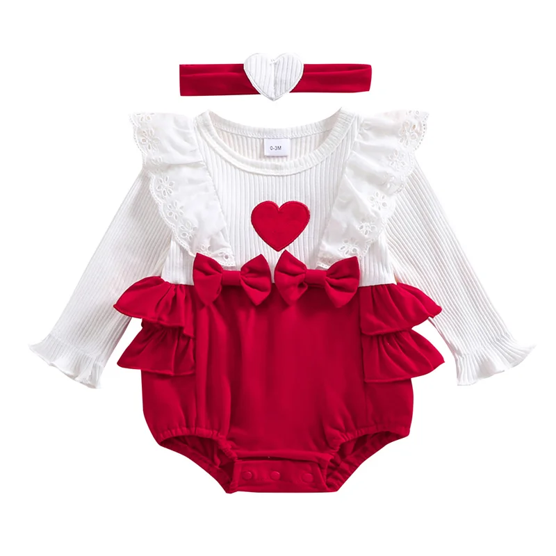 Cathery Baby Mädchen gerippter Strampler, Herz-Stickerei, Spitzenbesatz, Rüschen, Langarm, Overalls, Bodys, Herbst 2025, mit Kopfbedeckung