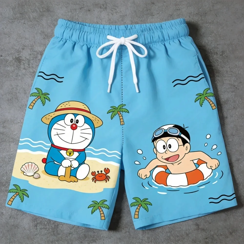 Shorts Unissex de Verão com Estampa Doraemon, Secagem Rápida, Cintura Elástica, Casual, Versátil, Respirável, para Férias e Combinando em Família (Infantil)