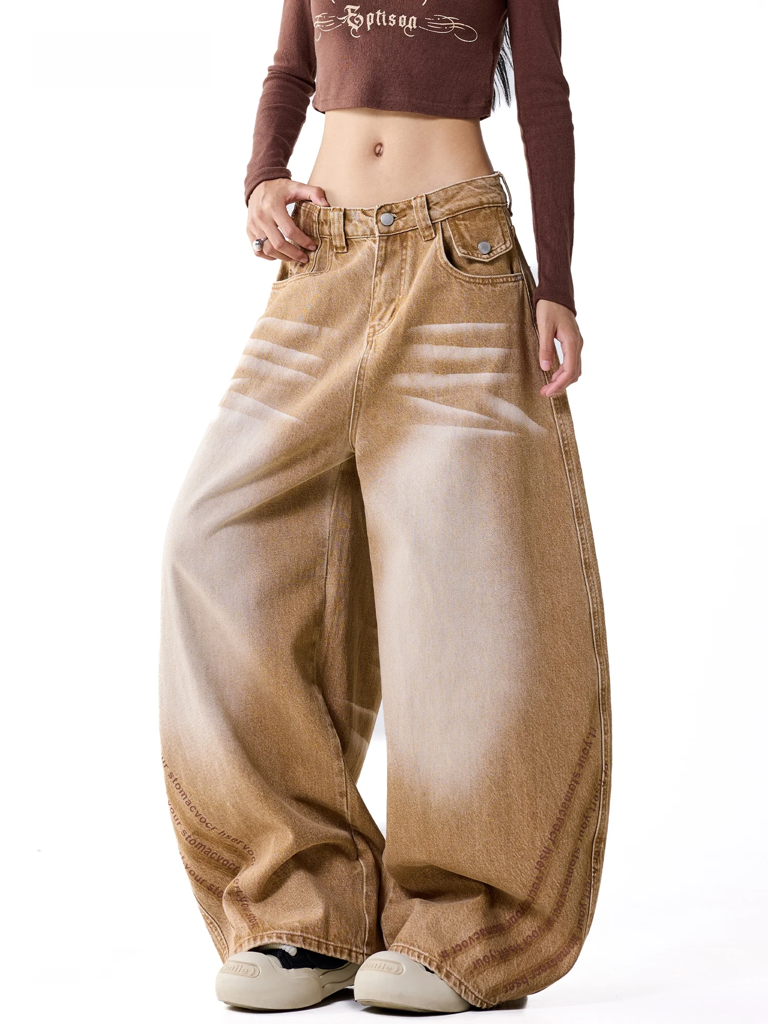 Retro Coffee Color Pure Cotton Faded Wide Leg Denim Pants Women's Autumn 2026 American Street Style Draped Long Trousers