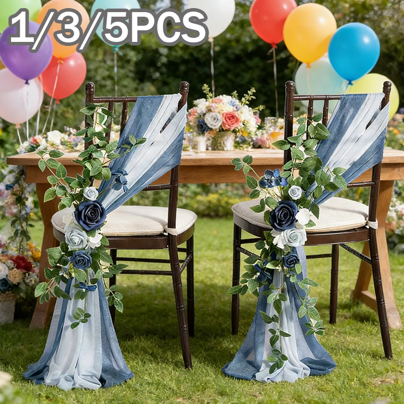 

Wedding Chair Sashes Covers Long Chiffon Fabric with Artificial Flower for Aisle Decoration Banquet Party Ceremony Decorations