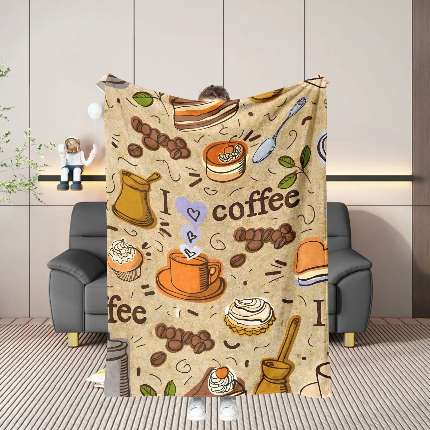 Vintage Coffee Cake Flannel Blanket, Sweet Dessert and Coffee Bean Pattern Lightweight Throw Blanket for Bed Couch Home Use
