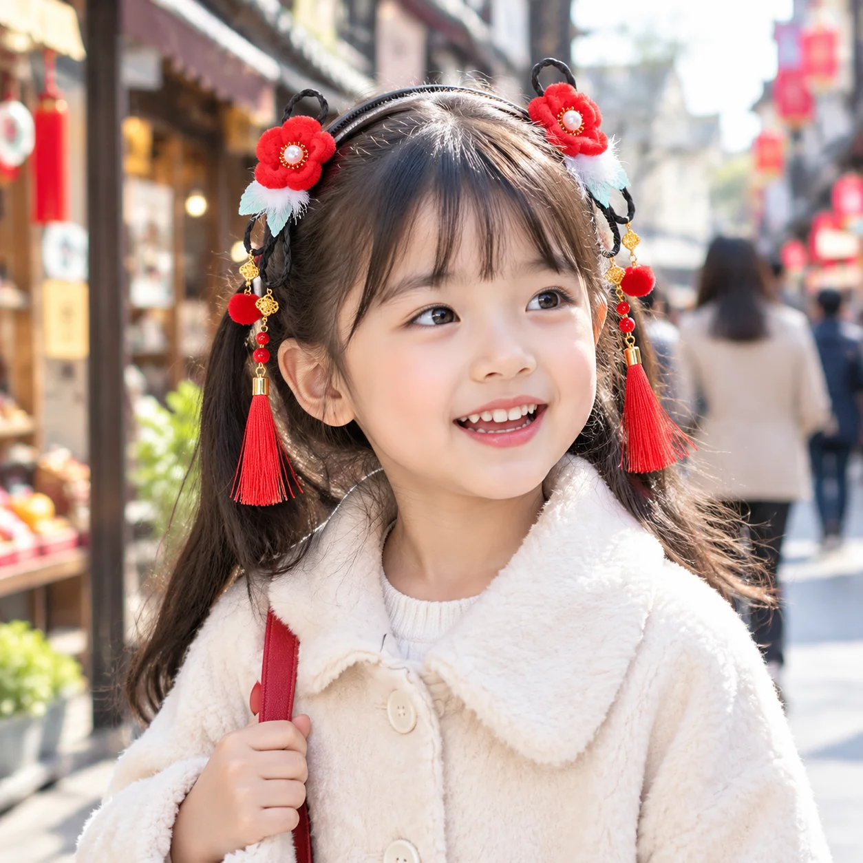 Traditional Chinese Style Hanfu Wig Headband Red Pearl Flower Tassel Headband Ancient Cute New Year Headwear Children