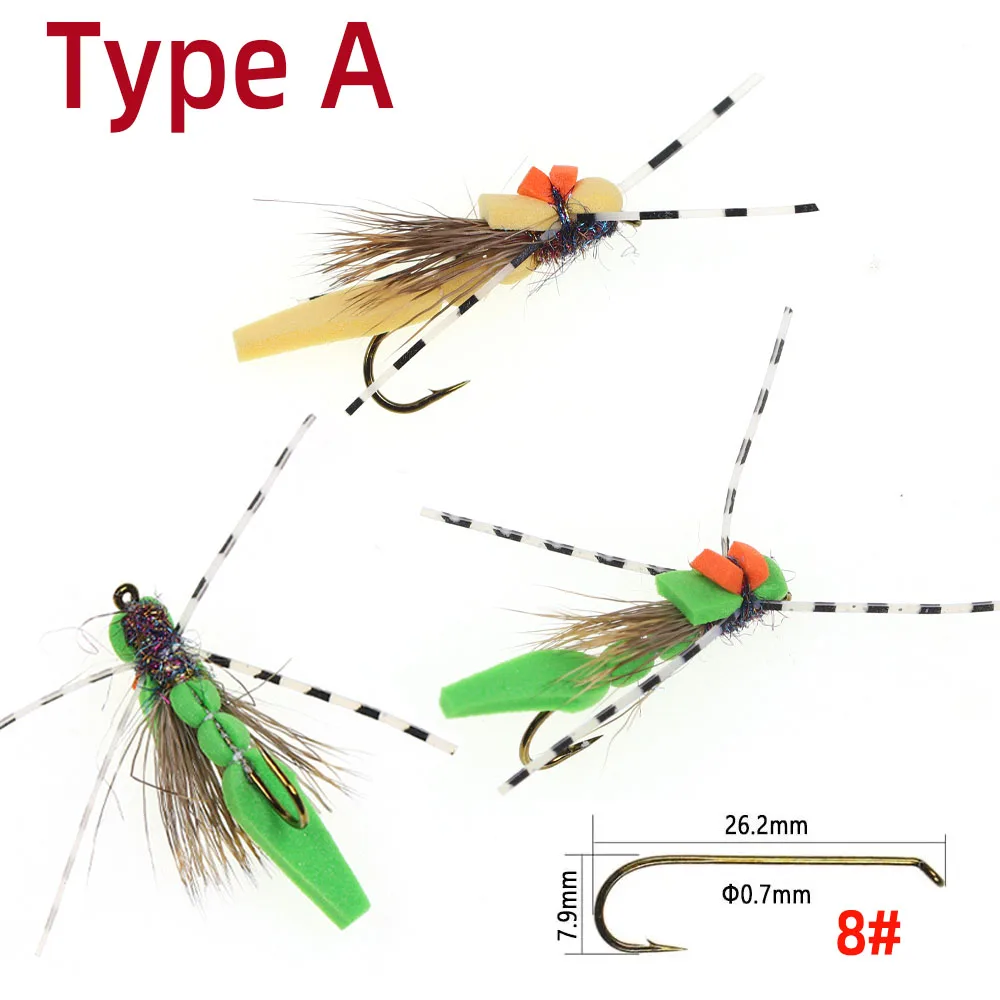 #8 Floating Synthetic Fiber Deer Hair Rubber Legs Foam Grasshopper Dry Fly Trout Flies Bass Panfish Fishing Lure Baits