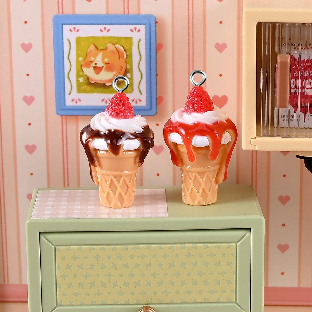 10 piezas de dijes de resina de fresa con forma de helado, colgantes de comida en miniatura para DIY, cadenas para teléfono, collares, pendientes y accesorios de joyería