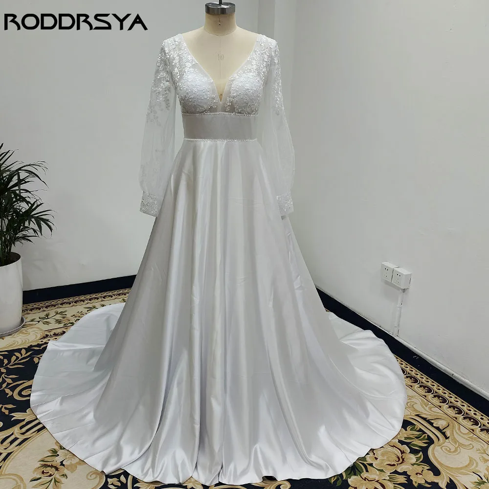 

RODDRSYA Soft Satin A-lin Wedding Dresses For Women Lace Long Sleeve Court Train Bride Party Vestido Novia Boda Elegant V Neck