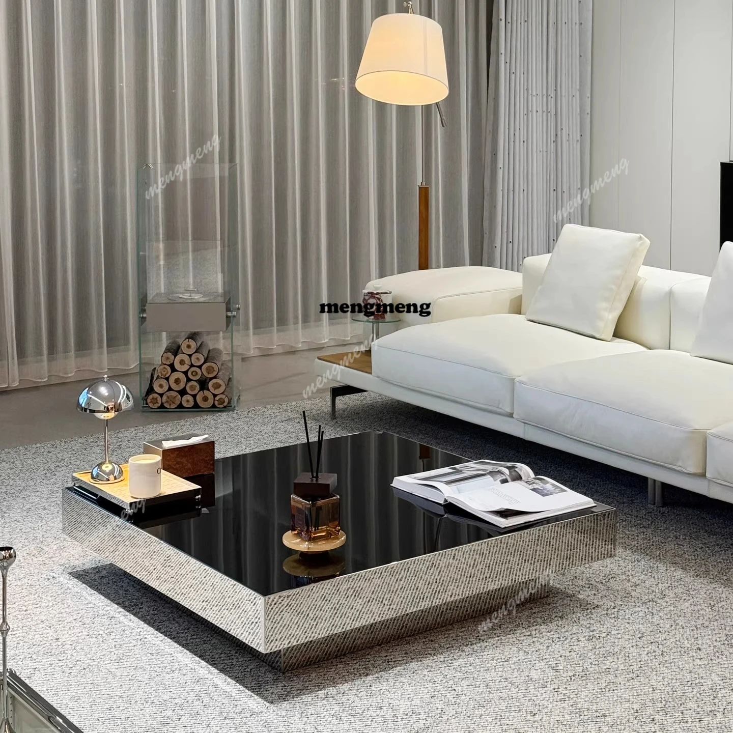 

Italian minimalist stainless steel mirror coffee table silver light luxury square tea table living room hotel high sense
