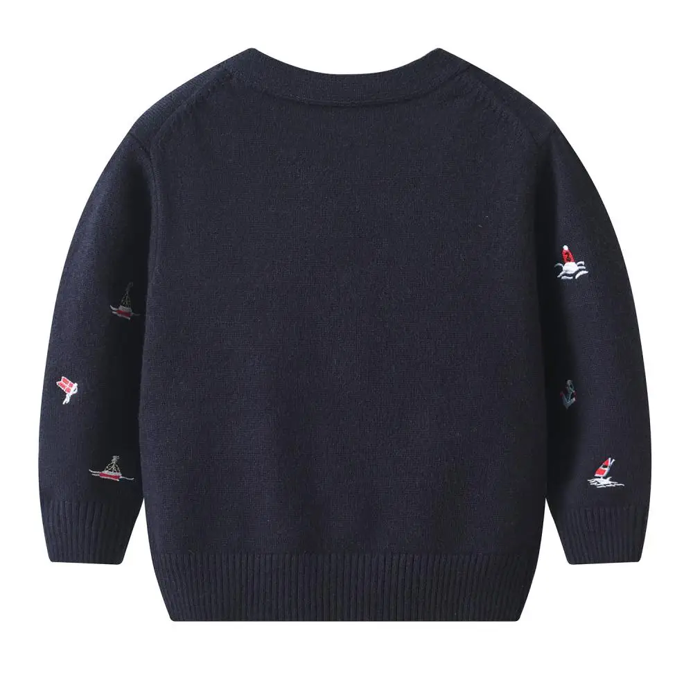 2024 Kids Boy Knit Cardigan for Autumn Winter Children Boys Sailboat Embroidery V-neck Knitted Sweater Infants Warm Knitwear