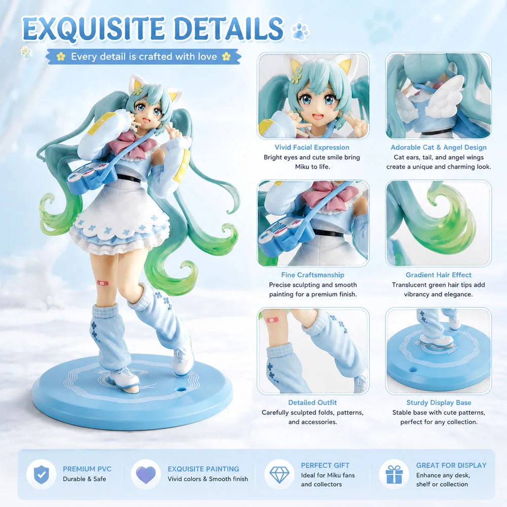 Hatsune Miku Katzen-Engel-Figur 19cm Niedliche Anime PVC Sammlerfigur mit Haaren Perfektes Geschenk Süße Hatsune Miku Ausgefallenes Sammlerstück – Detail 5