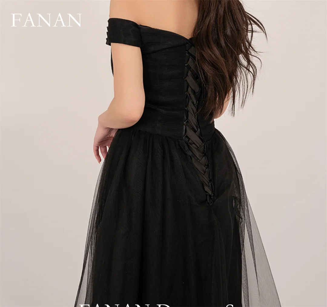 Fanan Korea Off Shoulder Simple Evening Dresses 웨딩드레스  Tulle Simple Black Custom Made A-Line Prom Gowns Plus Size